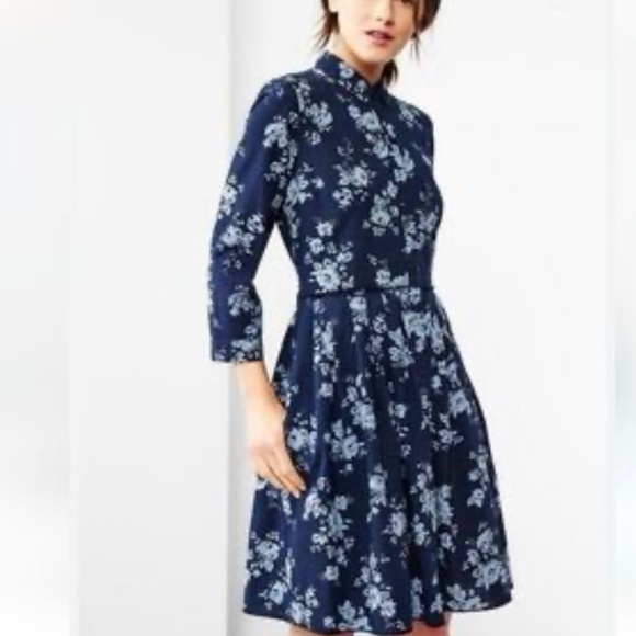 GAP 100% Cotton Floral Chambray Button Front Shirt Dress 3/4 Sleeves Pockets L - Picture 1 of 12